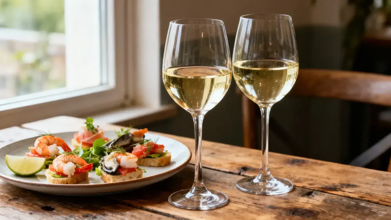 Deux verres de vin corse blanc pétillant, accompagnés de délicieux toasts aux fruits de mer et d'une tranche de citron vert.