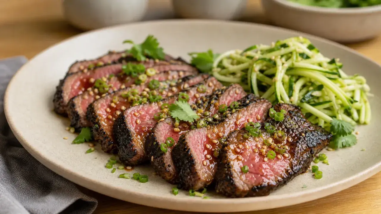 Tranches de tataki de boeuf, grillées et juteuses, garnies de graines de sésame et de ciboule, servies avec une salade de concombre croquante.
