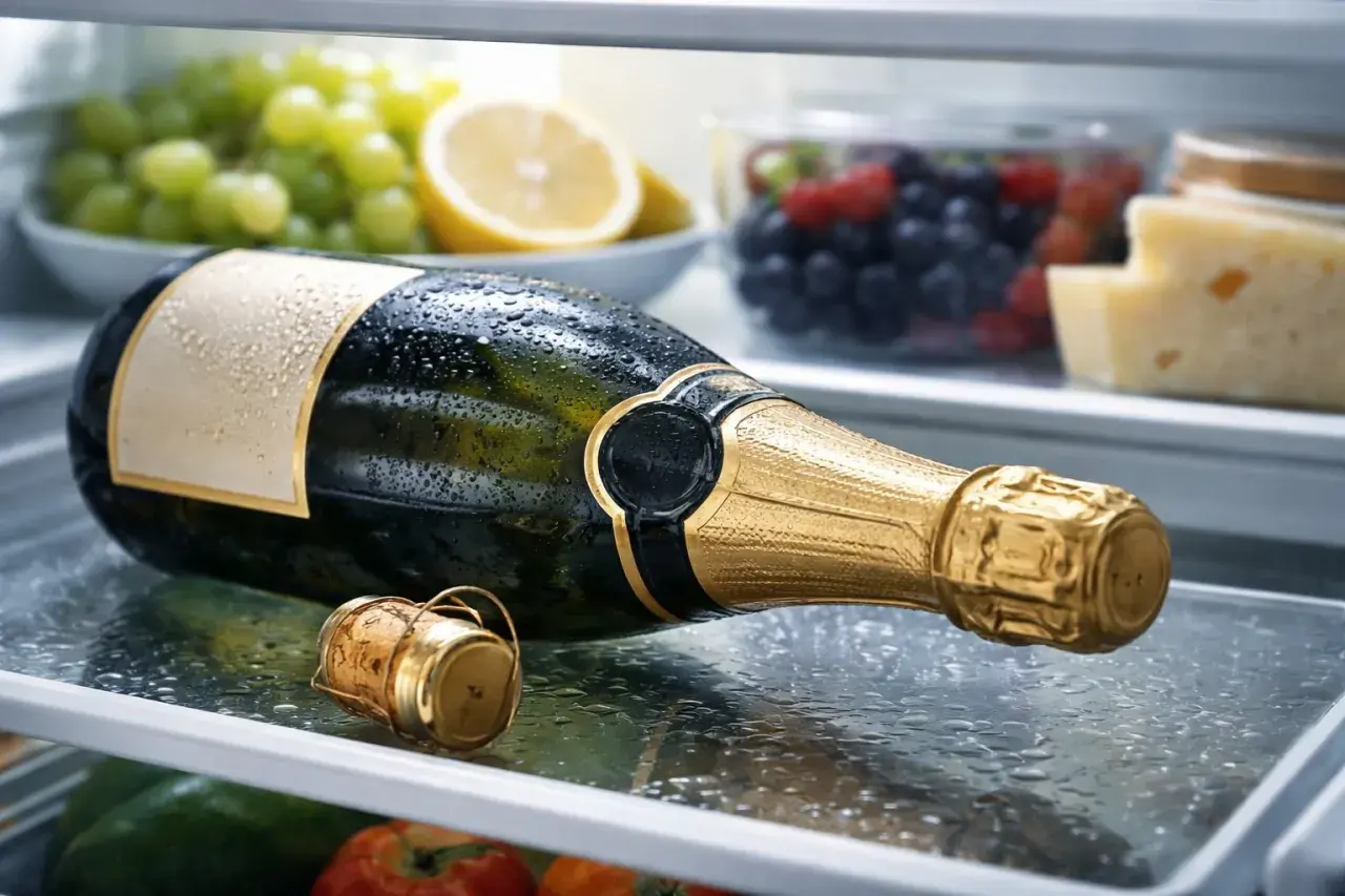 Bouteille de champagne givrée dans un réfrigérateur, avec des fruits et du fromage. Combien de temps se conserve le champagne ? La réponse est dans le froid.