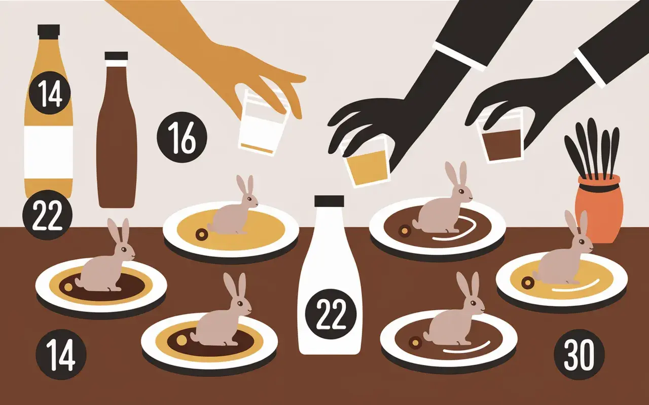 Des lapins en sauce sur des assiettes, accompagnés de bouteilles et de verres. Une question se pose : que boire avec du lapin en sauce ?