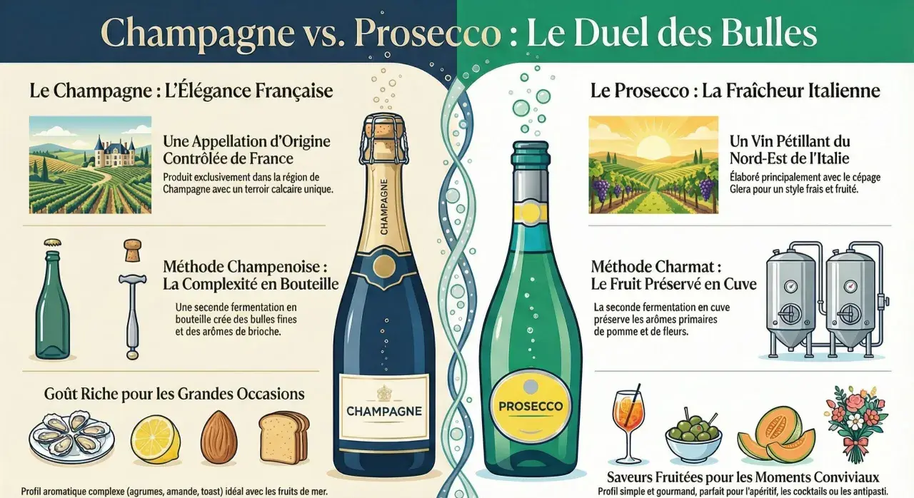 Le Champagne, un vin français d'exception, et le Prosecco, vin pétillant italien. Comparaison des méthodes et saveurs.
