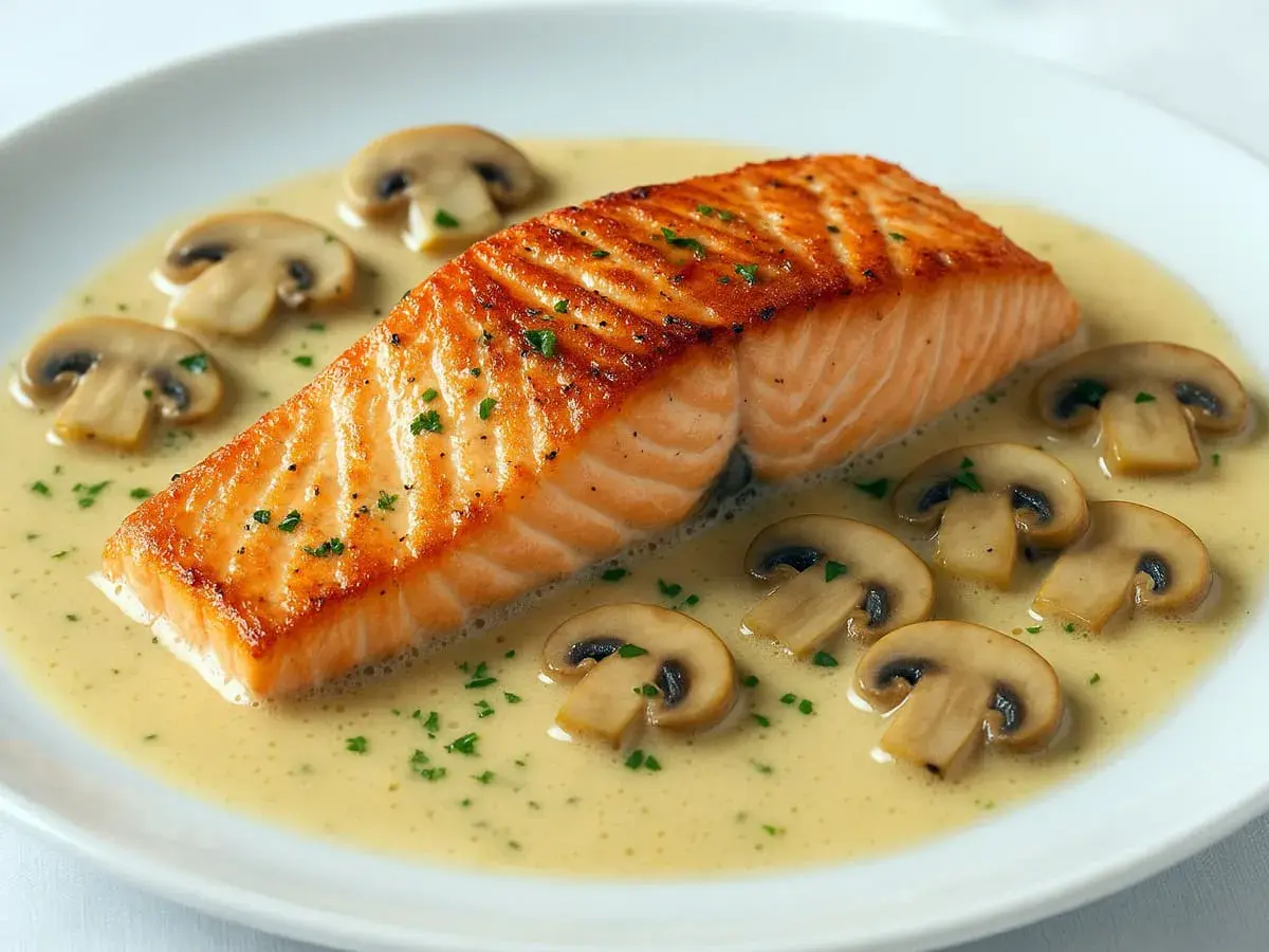 Un filet de saumon grillé, nappé d'une sauce crémeuse et garni de champignons. Un accompagnement parfait pour un saumon au champagne.