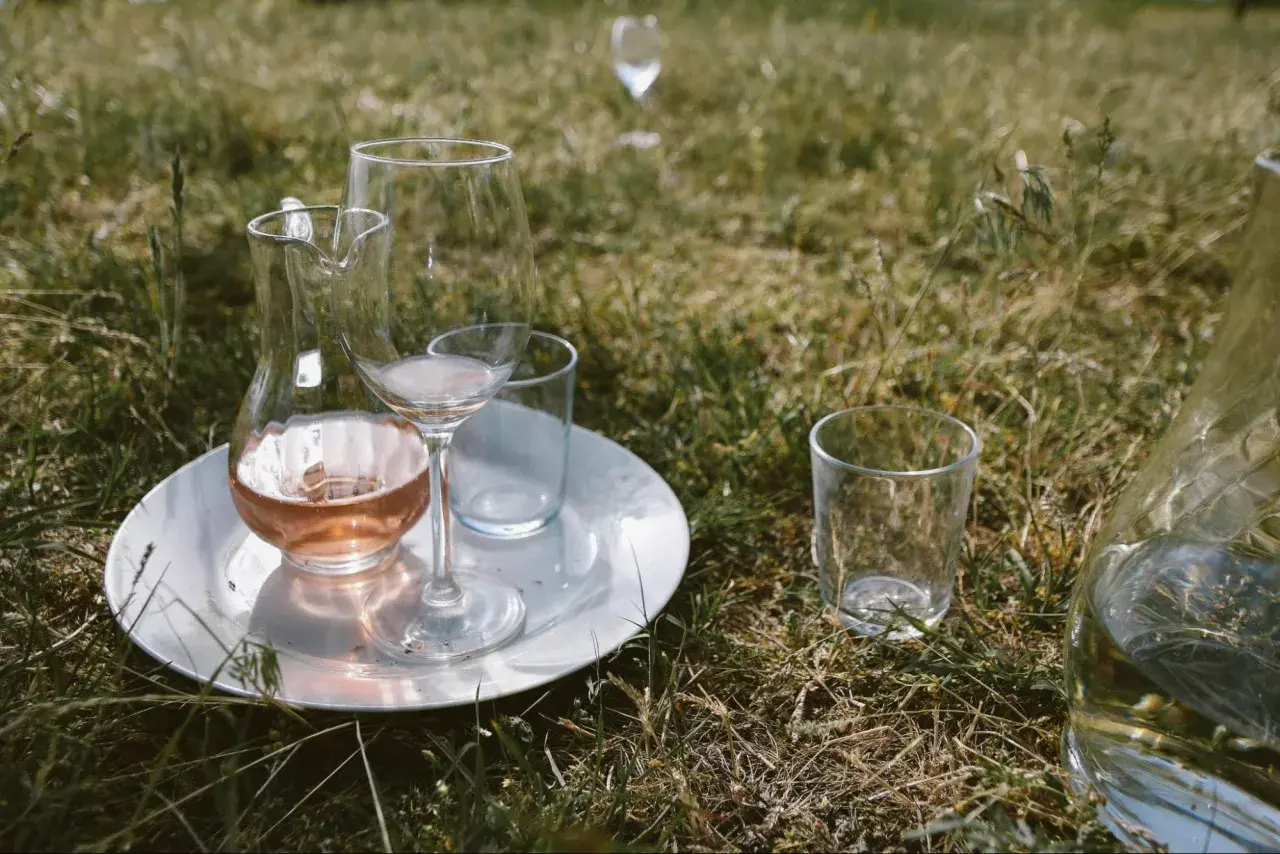Verre à vin rosé sur une assiette blanche, prêt à être dégusté à la température parfaite dans l'herbe.