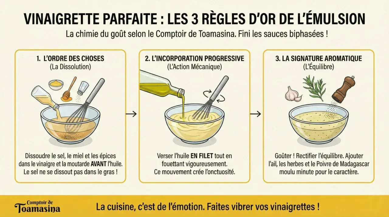 Recette vinaigrette moutarde : 3 étapes pour une émulsion parfaite. Dissoudre, incorporer l'huile en filet, puis ajuster les arômes.