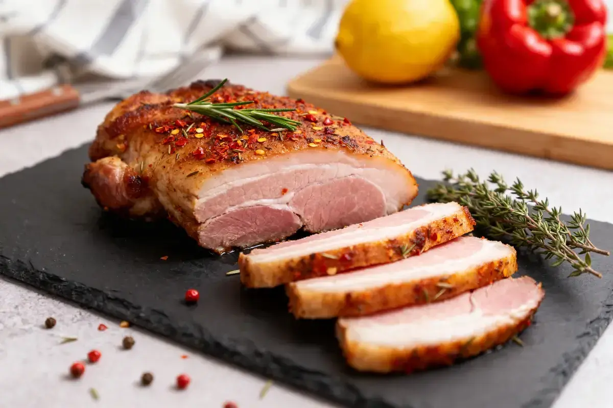 Un rôti de porc juteux, tranché, assaisonné d'épices et de romarin. Une recette de pluma de porc à essayer !