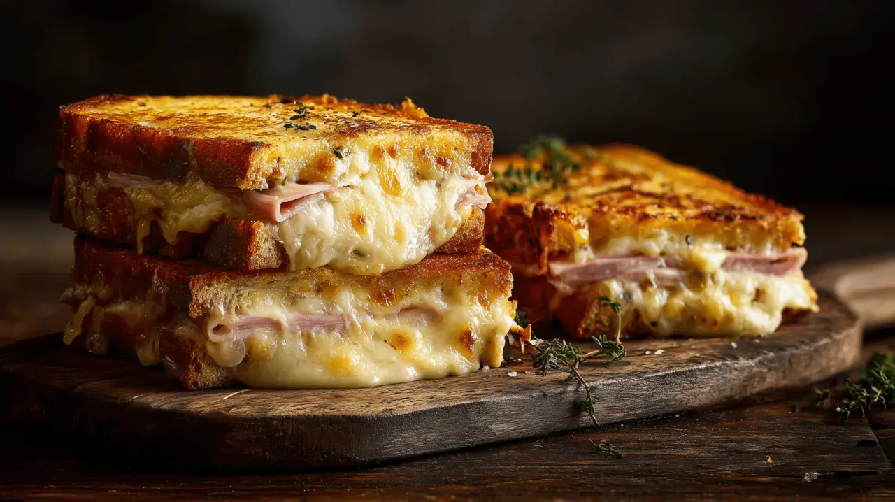 Deux croque monsieur au four empilés, leur fromage fondant dégouline sur du pain grillé doré. Un délice réconfortant.