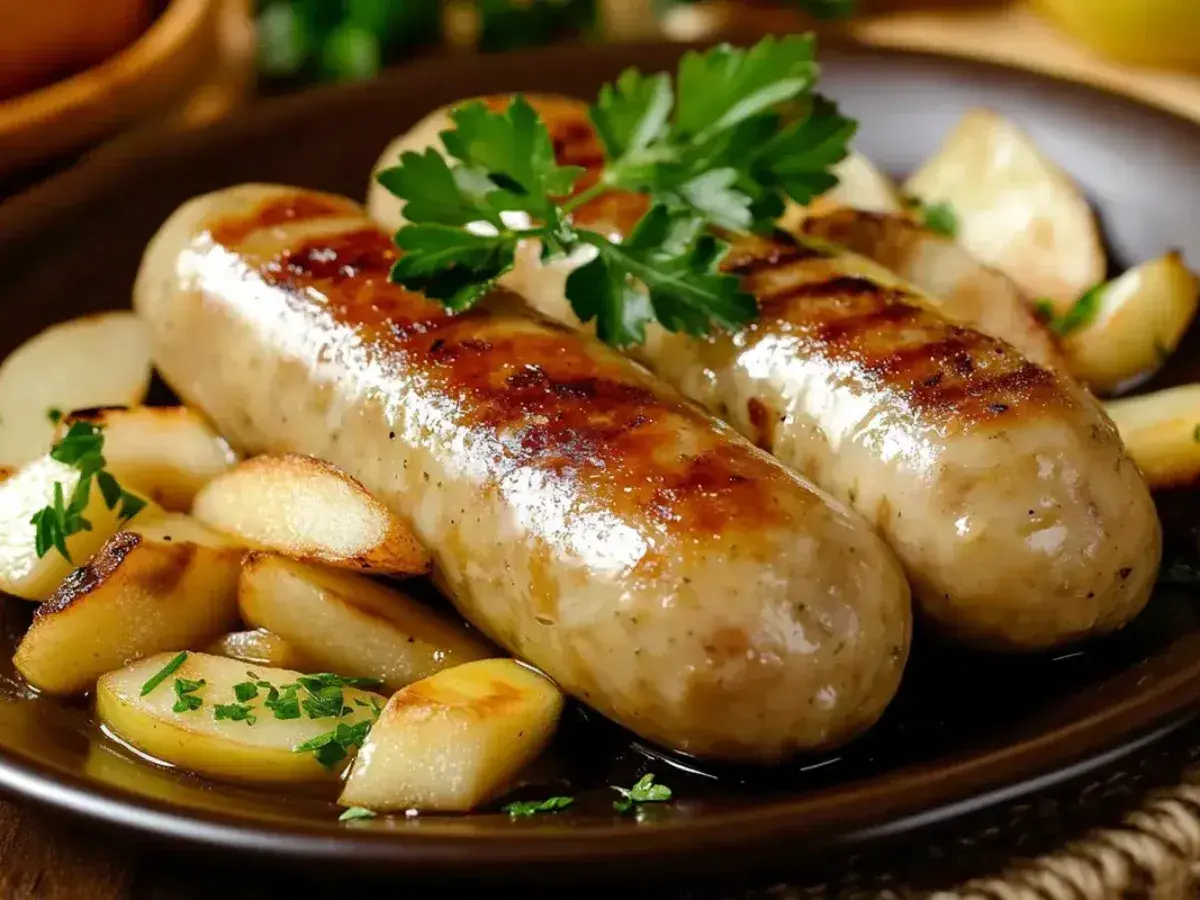 Deux saucisses blanches grillées, accompagnées de pommes de terre rôties et de persil frais. Un plat savoureux, quelle pomme avec boudin blanc !