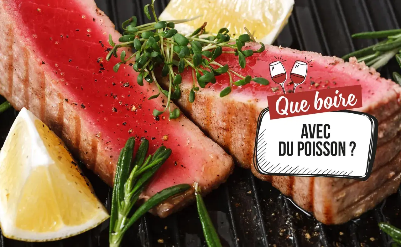 Deux beaux steaks de thon grillés, ornés de pousses vertes, de romarin et de quartiers de citron. La question "Que boire avec du poisson ?" est affichée.