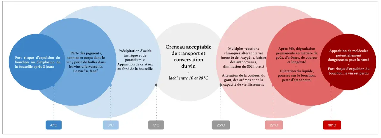 Le diagramme illustre l'impact de la température sur la conservation du vin rouge. Les températures extrêmes (-6°C, 30°C) entraînent des risques pour le vin et la bouteille. Le créneau idéal se situe entre 10 et 20°C.