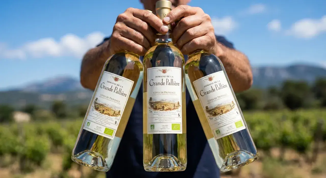Trois bouteilles de vin blanc de la Grande Pallière, Côtes de Provence. Un vin blanc lichette sec ou moelleux, parfait pour l'été.