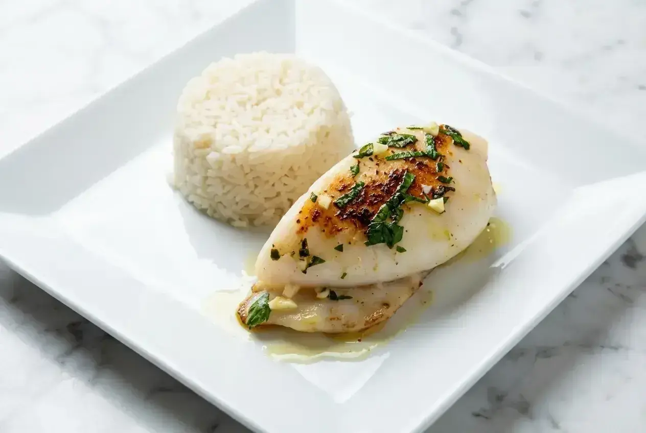 Seiche à la plancha, dorée et garnie d'herbes fraîches, servie avec une portion de riz blanc. Un plat simple et savoureux.