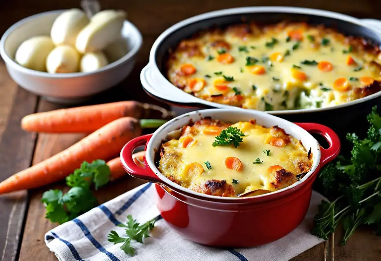 Délicieuse recette cocotte individuelle gratinée, garnie de carottes et persil frais. Un plat réconfortant.