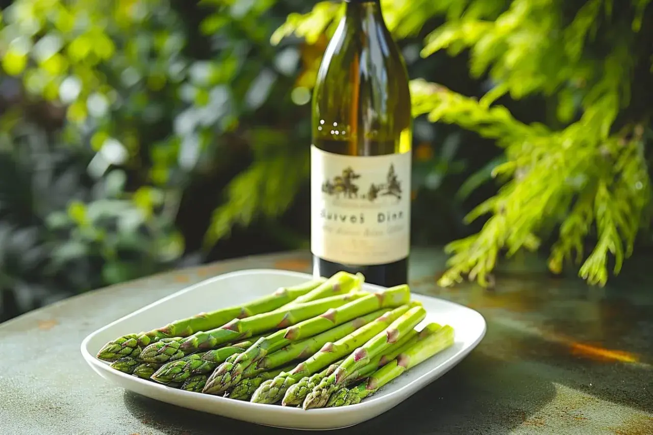 Un plat d'asperges vertes fraîches avec une bouteille de vin blanc. La question est : quel vin avec des asperges ?