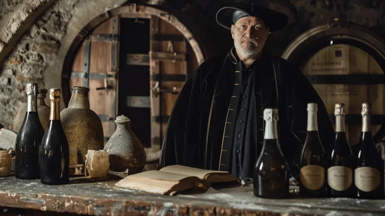Un homme en habit d'époque, peut-être celui qui a créé le champagne, pose devant des bouteilles et des tonneaux anciens.