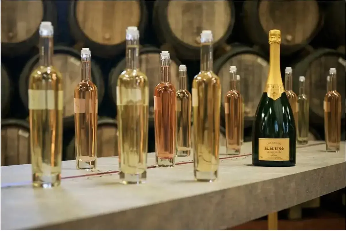 Bouteilles de champagne alignées, prêtes pour la production de champagne en France. Au fond, des tonneaux de vieillissement.