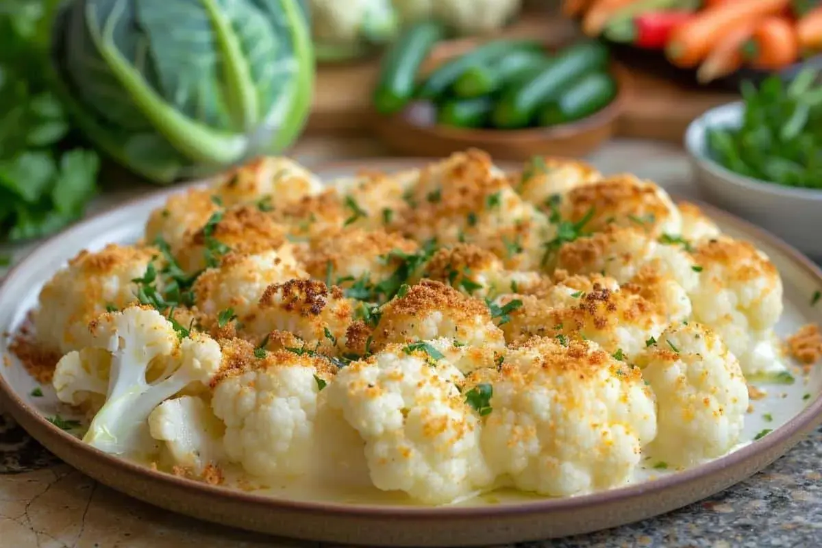 Choux fleur au four à la crème, gratiné avec une chapelure dorée et persil frais. Un délice crémeux et croustillant.