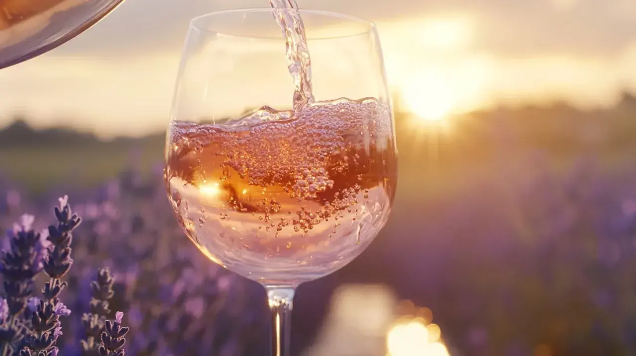 Verre de vin blanc rosé, pétillant, versé au coucher du soleil dans un champ de lavande. Douceur et légèreté, sans tanin.