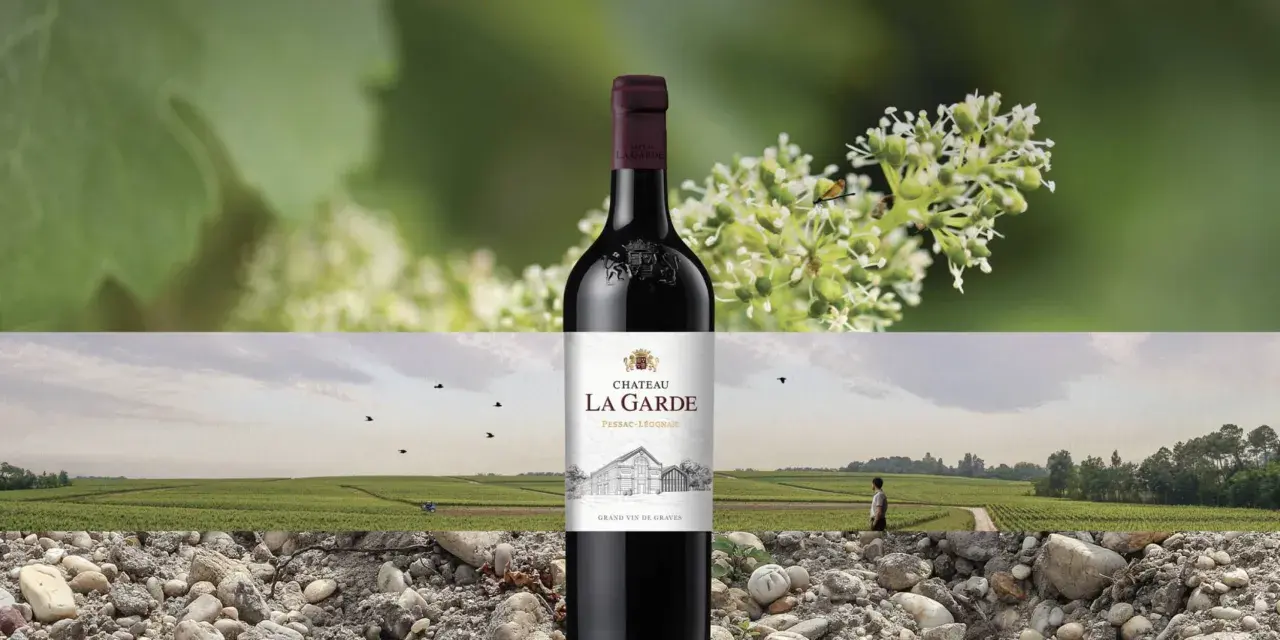 Bouteille de vin rouge Château La Garde, Pessac-Léognan. Paysage de vignes et de graviers.