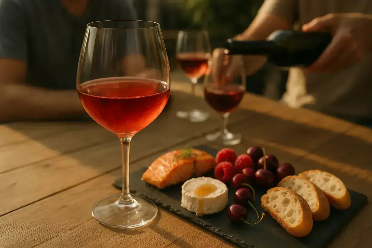 Un verre de vin rouge léger, du saumon, du fromage, des fruits et du pain sur une table en bois.