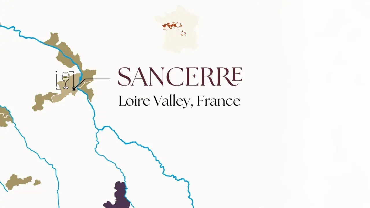 Carte de Sancerre, Vallée de la Loire, France, une région réputée pour son sauvignon blanc.