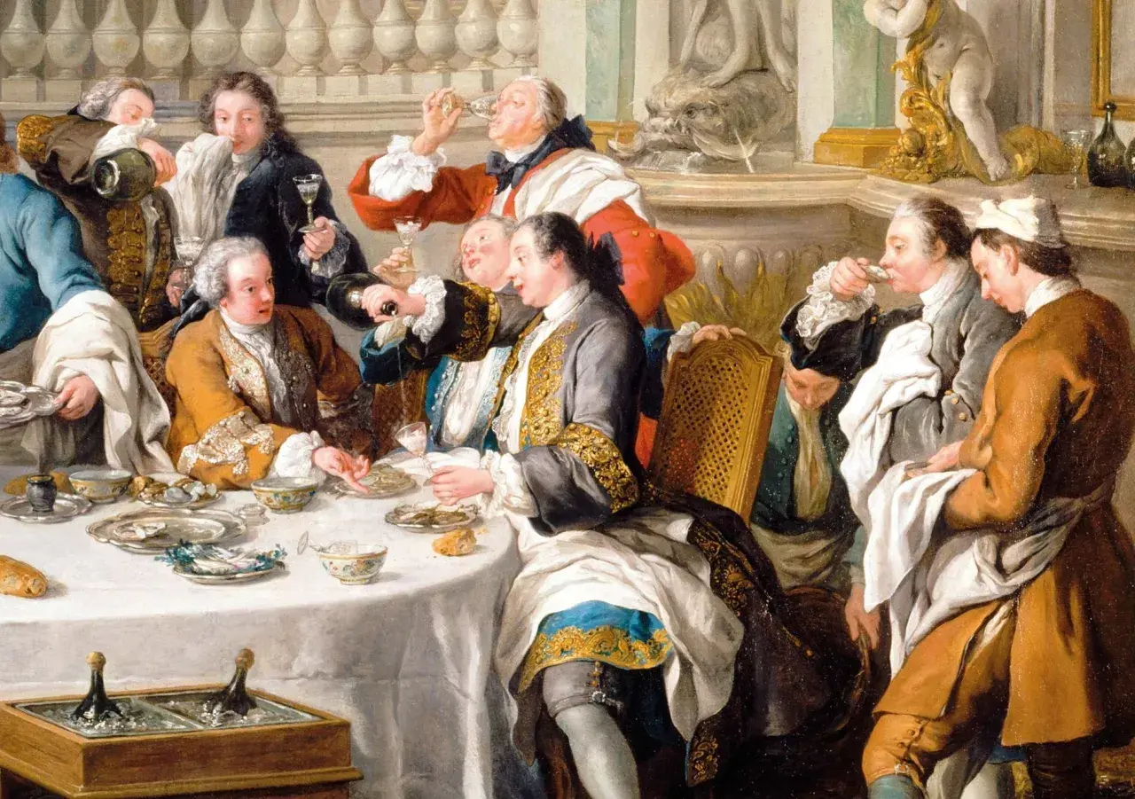 Scène de banquet où des hommes en habits d'époque dégustent des huîtres et du champagne, évoquant l'histoire du champagne.