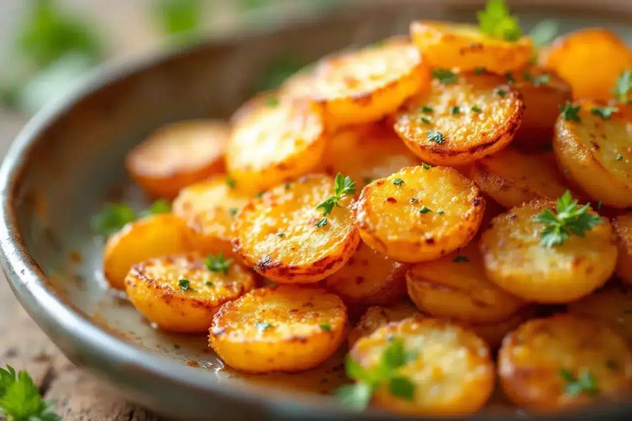 Assiette de pommes de terre rôties, dorées et garnies de persil frais. Une délicieuse recette de pomme de terre facile à réaliser.