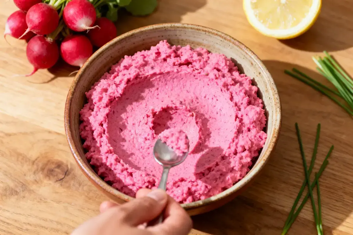 Un bol de tarama rose vif, prêt à être dégusté. Une recette simple et savoureuse.