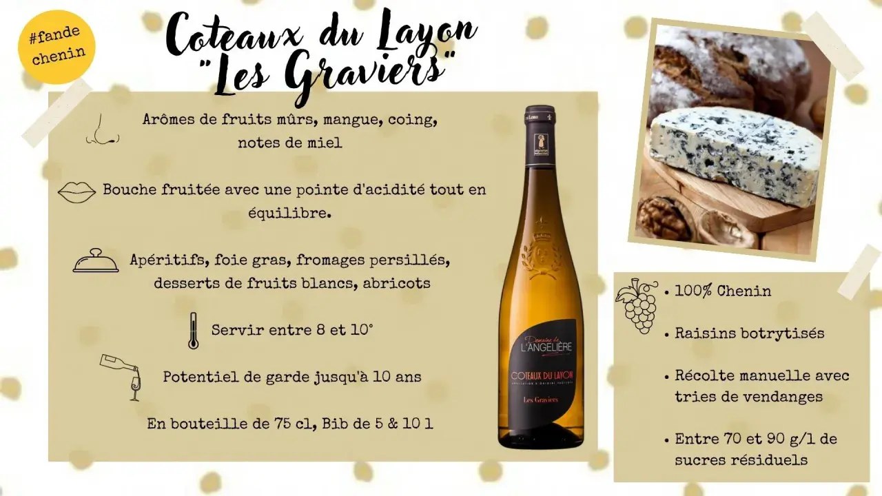 Bouteille de Coteaux du Layon "Les Graviers", un vin 100% Chenin, sec ou moelleux, aux arômes de fruits mûrs et de miel. Parfait avec foie gras et fromages.