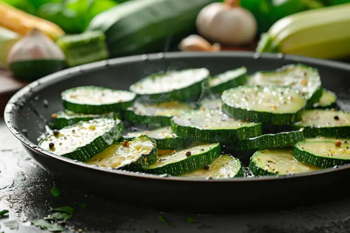 Tranches de courgettes assaisonnées cuisant dans une poêle, prêtes pour une délicieuse recette de courgette à la poêle.