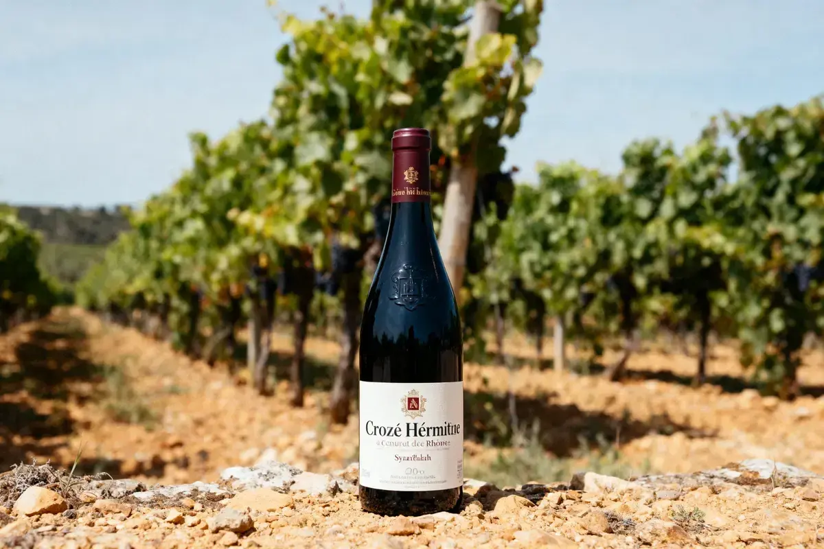 Bouteille de vin rouge Crozes-Hermitage posée sur des pierres, avec un vignoble en arrière-plan.