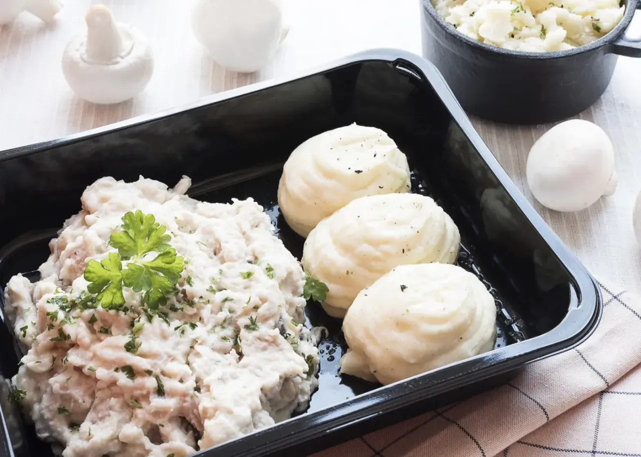 Quel accompagnement avec des vol-au-vent ? Une purée de pommes de terre onctueuse et une garniture crémeuse aux champignons.