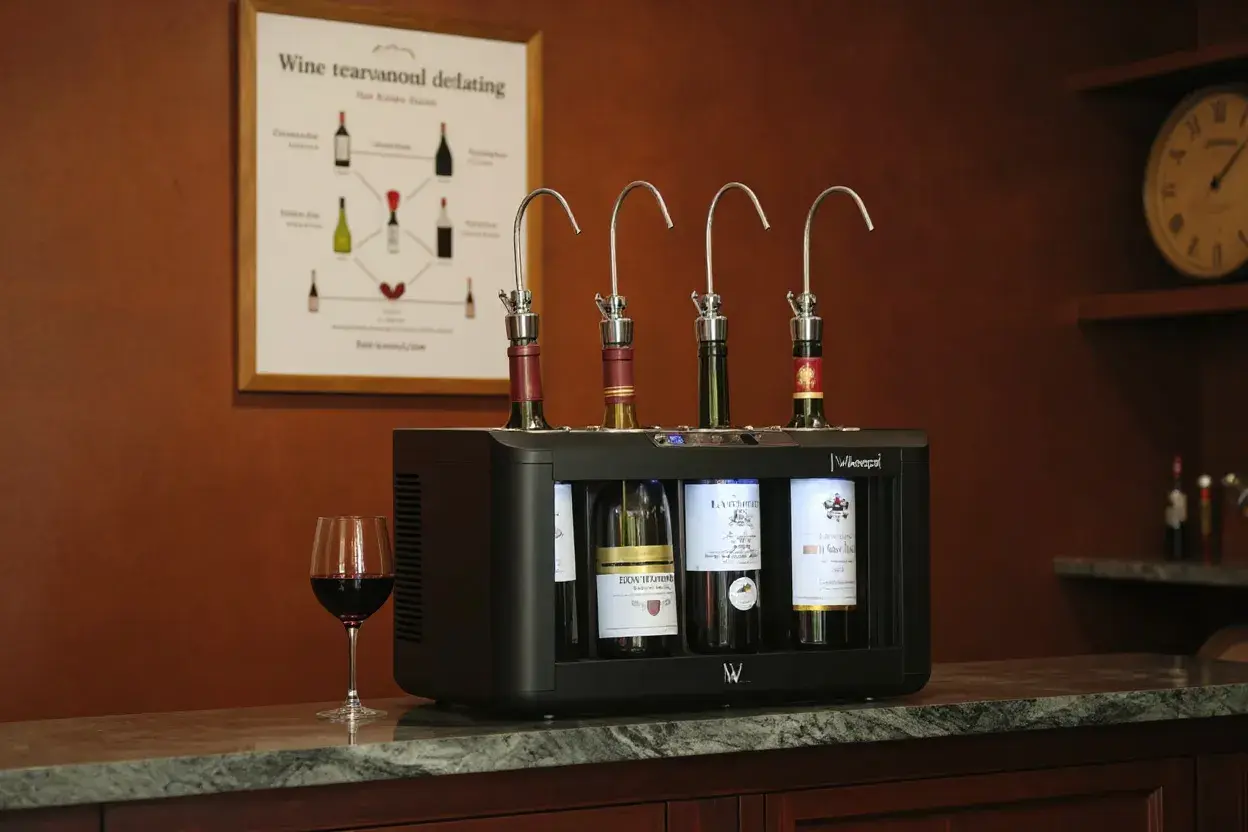 Système de conservation du vin avec quatre bouteilles ouvertes, idéal pour le temps de garde. Un verre de vin rouge à côté.