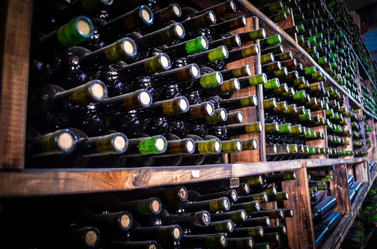 Des étagères en bois remplies de bouteilles de vin, un spectacle impressionnant pour la garde des vins.