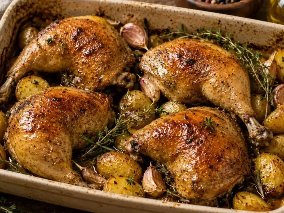 Quatre cuisses de pintade au four, dorées et juteuses, accompagnées de pommes de terre rôties, d'ail et de thym. Un plat savoureux prêt à être dégusté.
