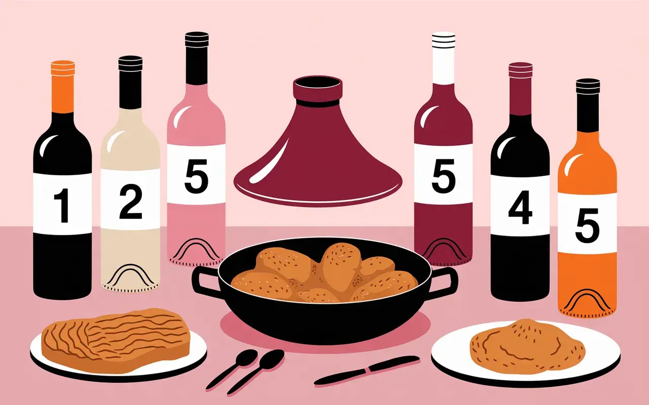 Bouteilles de vin et tajine de poulet, prêts pour un festin.