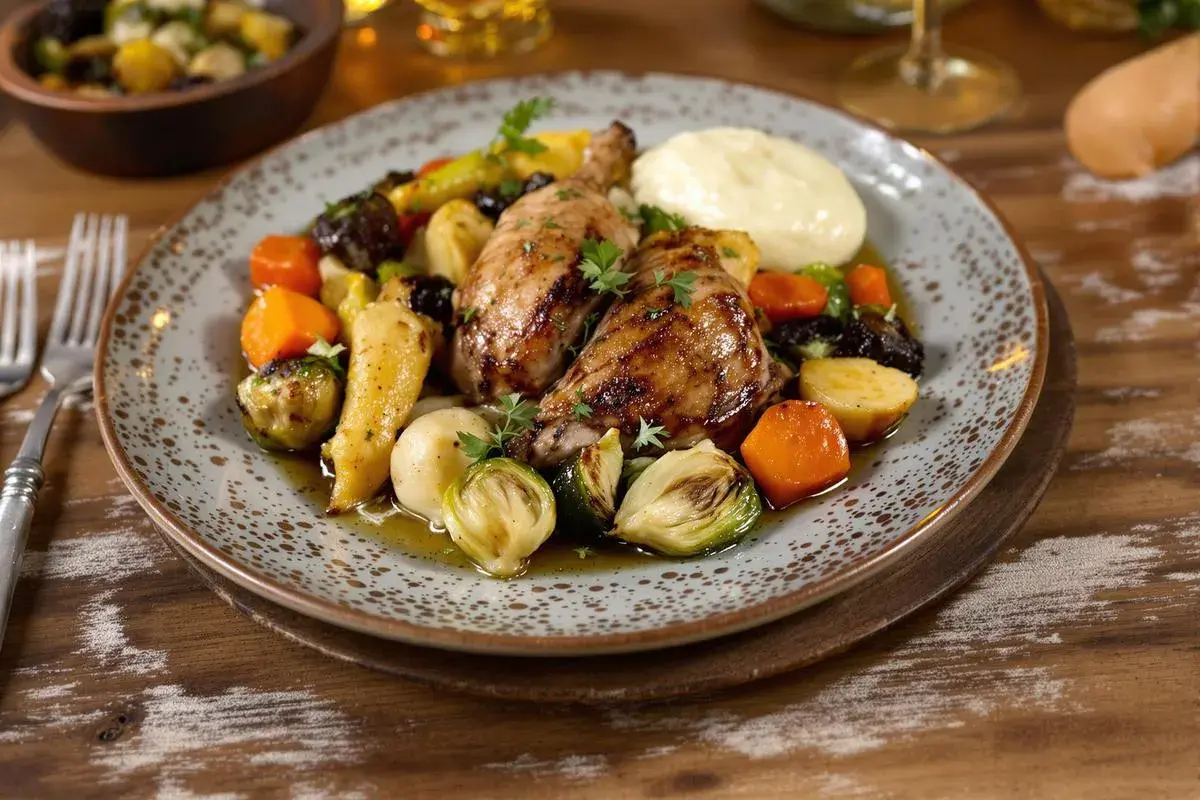 Pintade rôtie avec purée, carottes, panais, choux de Bruxelles et prunes. Quel accompagnement avec une pintade aux morilles ? Ce plat est une belle suggestion !