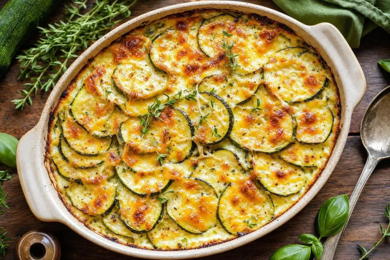 Un délicieux gratin de courgettes béchamel, doré au four, garni de fromage fondant et de quelques brins de thym frais.