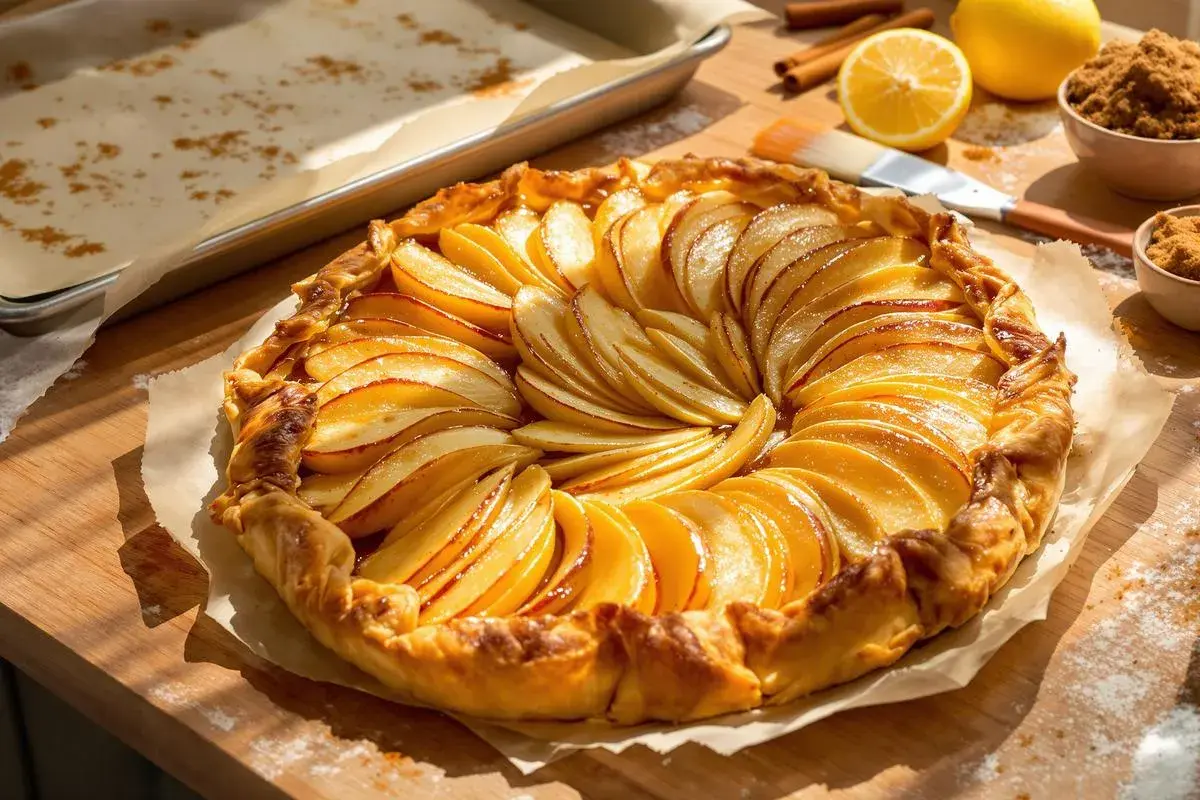 Une magnifique tarte aux pommes sur pâte feuilletée, aux fines tranches de pommes dorées et caramélisées, prête à être dégustée.