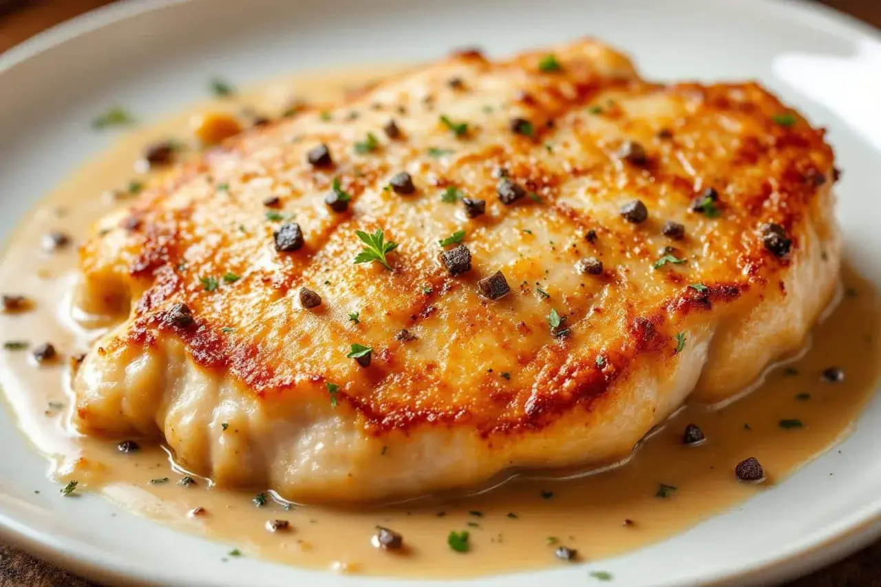 Un délicieux suprême de volaille doré, nappé d'une sauce onctueuse et parsemé de poivre concassé et de persil frais.