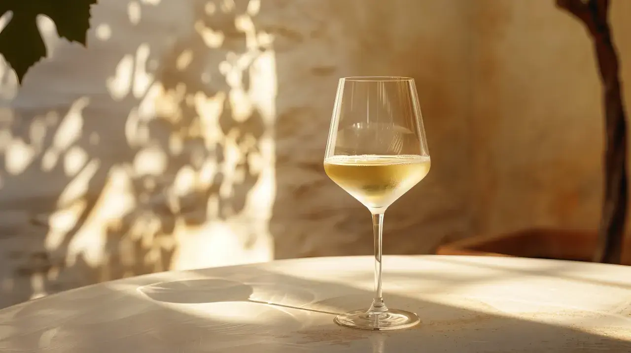 Verre de vin blanc baigné de soleil, évoquant la douceur et le taux de sucre dans le vin blanc. Ombre de feuilles sur le mur.