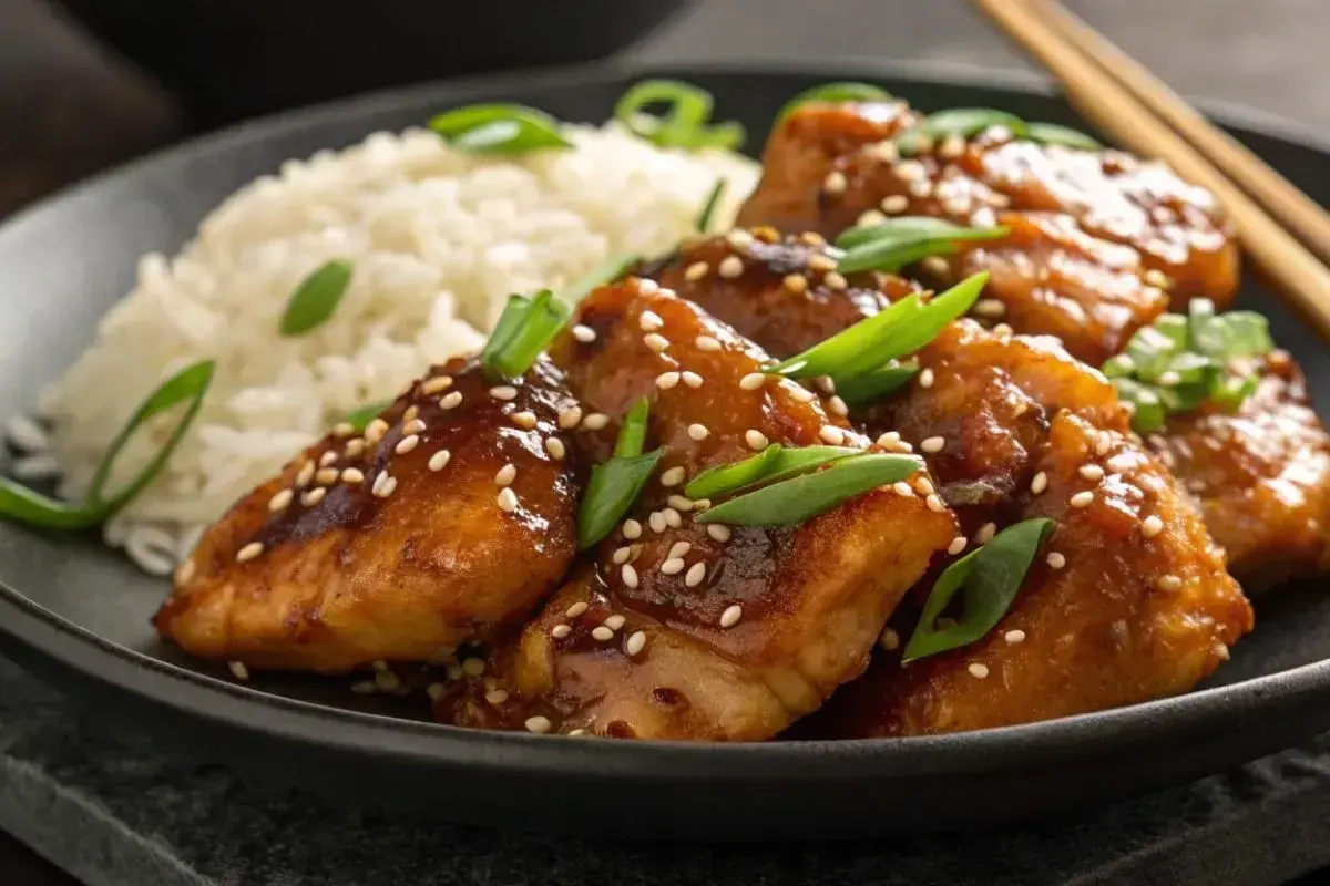 Délicieux poulet au miel glacé, parsemé de graines de sésame et d'oignons verts, servi avec du riz blanc.