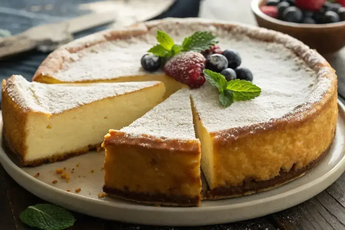 Un délicieux gâteau au fromage blanc, saupoudré de sucre glace et garni de fruits rouges et de menthe.