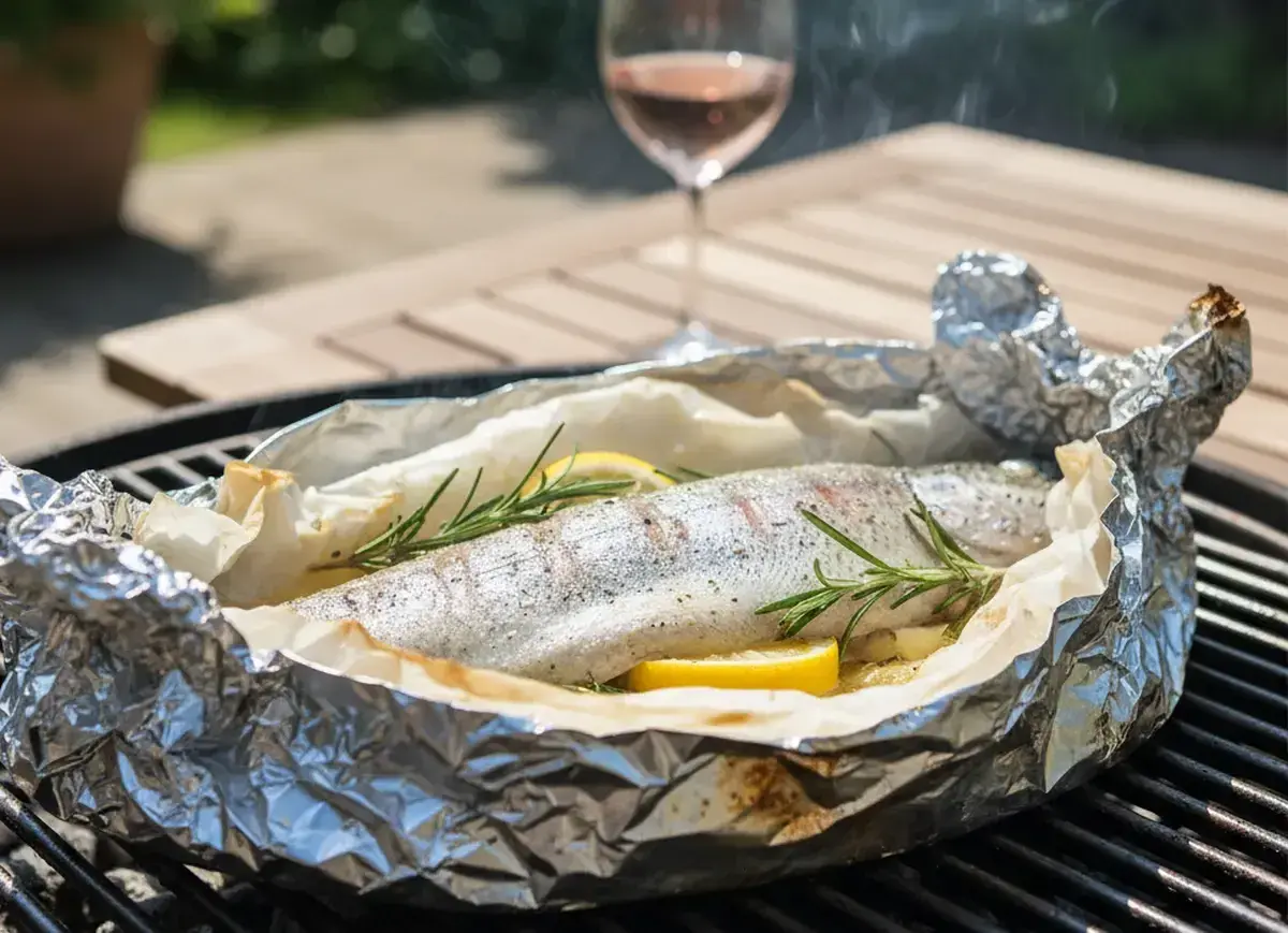 Une truite au barbecue, enveloppée dans du papier d'aluminium avec du citron et du romarin, fume doucement sur la grille.