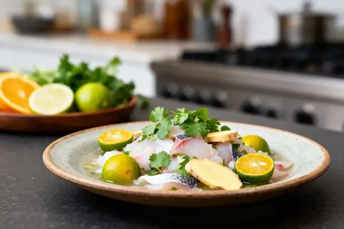 Un plat frais de ceviche de daurade, garni de coriandre, de gingembre et de quartiers de citron vert, prêt à être dégusté.