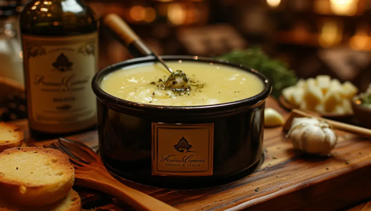 Un délicieux moment de partage autour d'une fondue au rosé, accompagnée de pain grillé et d'ail.