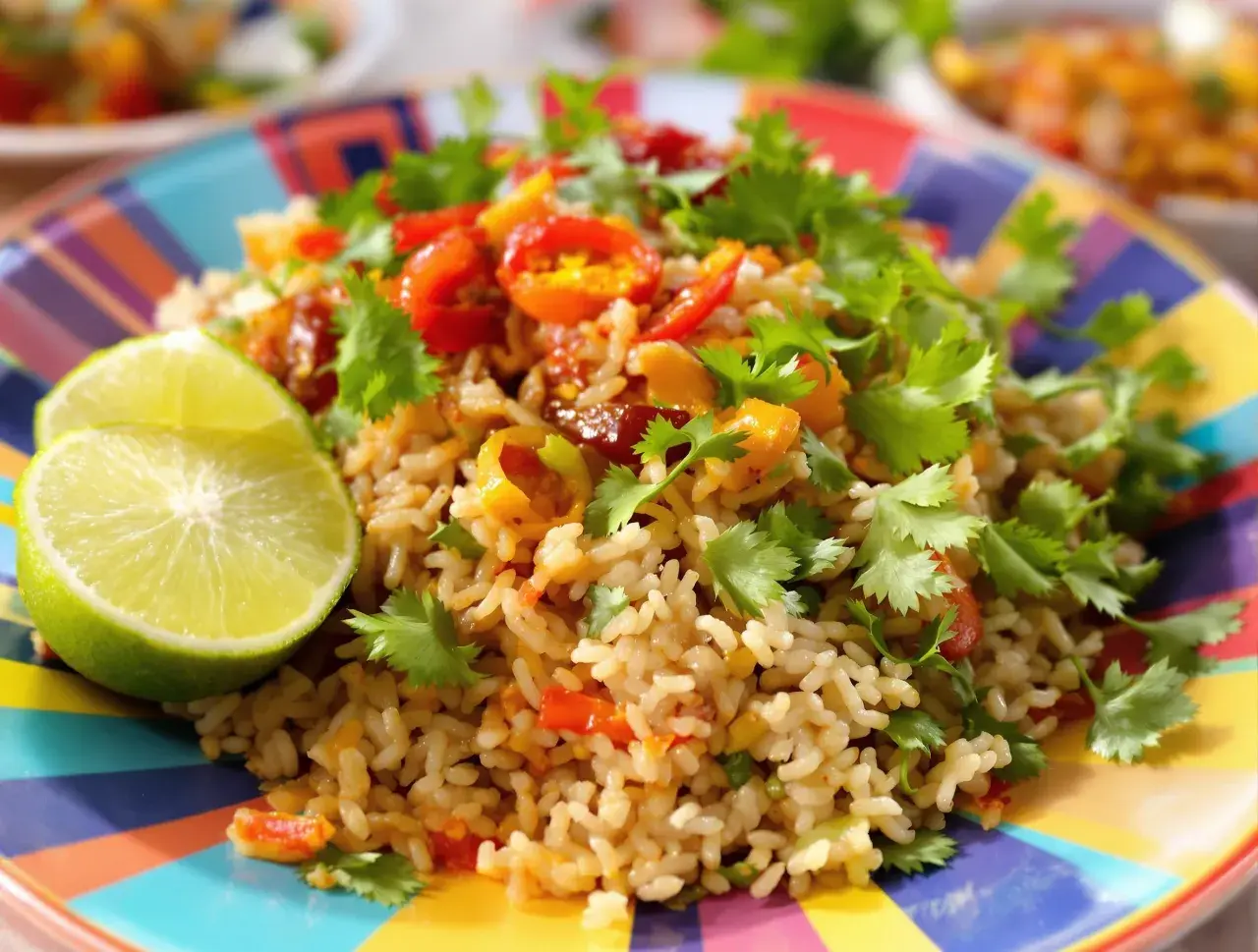 Un plat coloré de riz frit thaï, garni de coriandre fraîche et de quartiers de citron vert, sur une assiette vibrante.