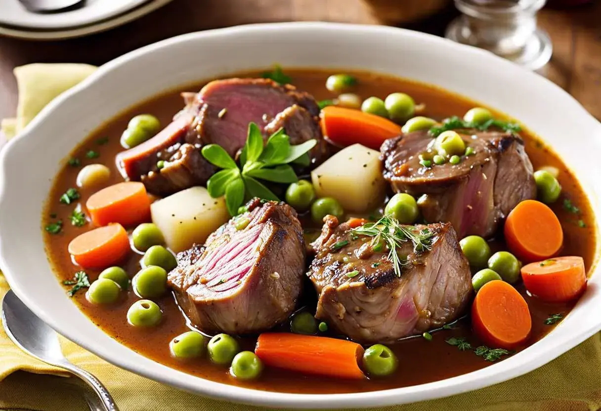 Navarin d'agneau facile et rapide : tendres morceaux d'agneau, carottes, pommes de terre et petits pois dans un bouillon savoureux.