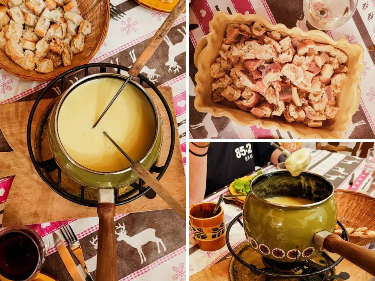 Un délicieux moment de partage autour d'une fondue savoyarde, avec du pain croustillant prêt à être trempé dans le fromage fondu.