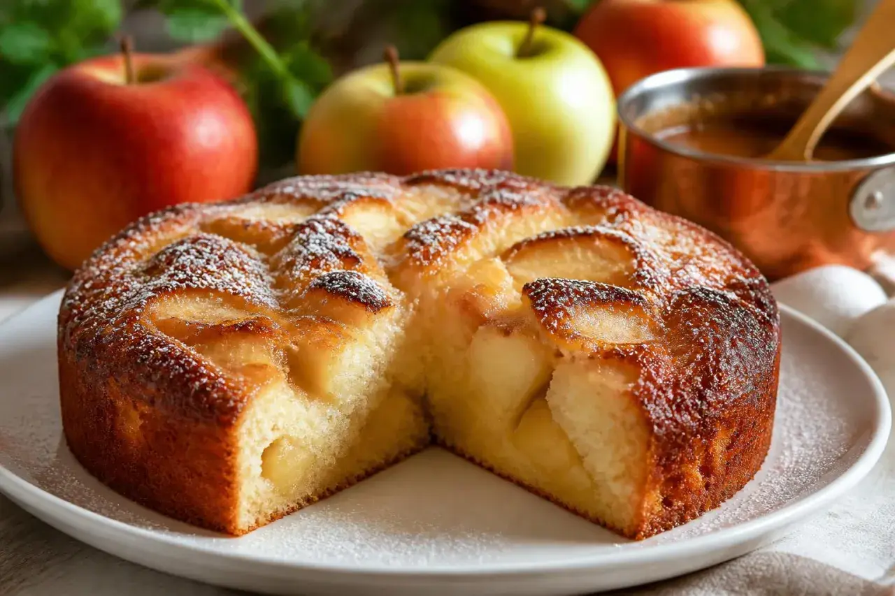 Un délicieux moelleux aux pommes, saupoudré de sucre glace, avec des pommes fraîches en arrière-plan.