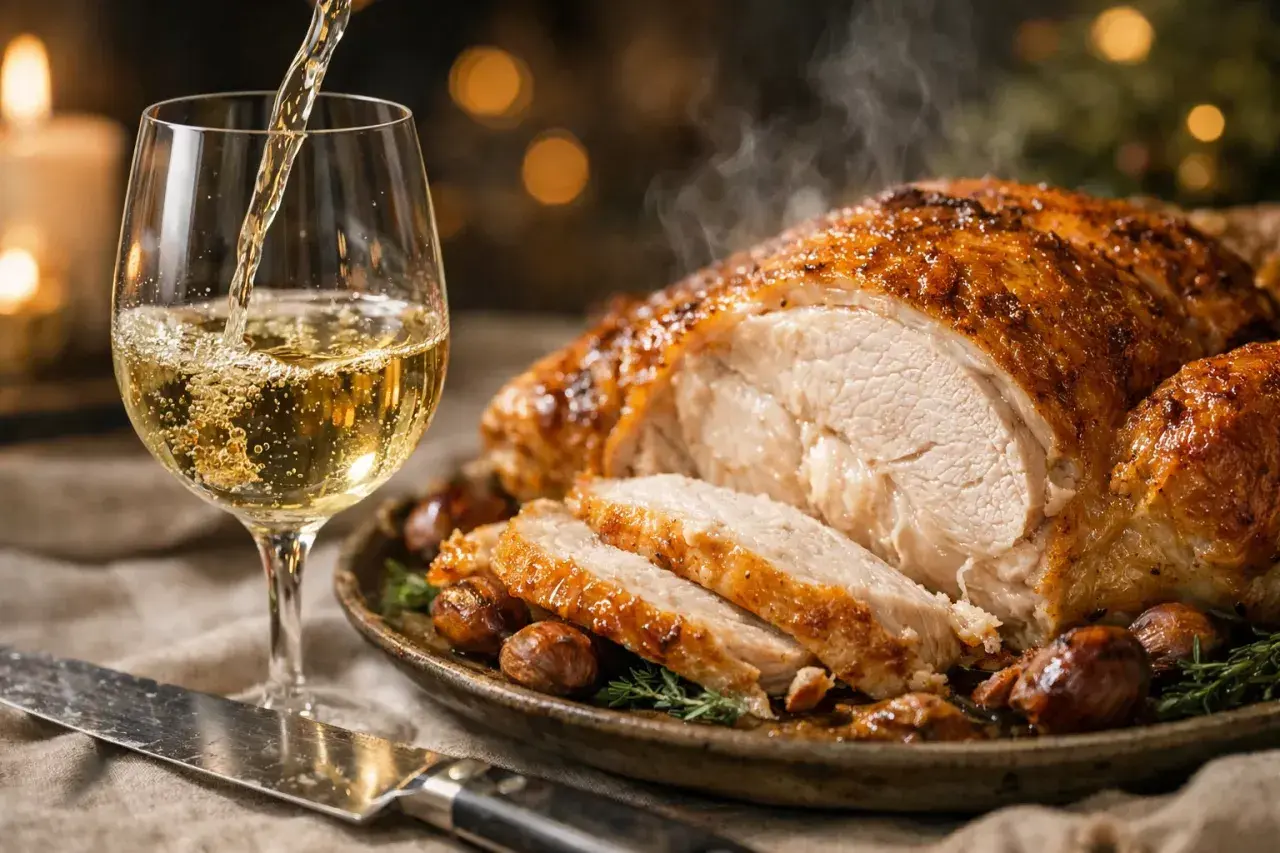 Un verre de vin blanc est versé près d'un chapon farci rôti, fumant et garni de marrons. Un repas festif.